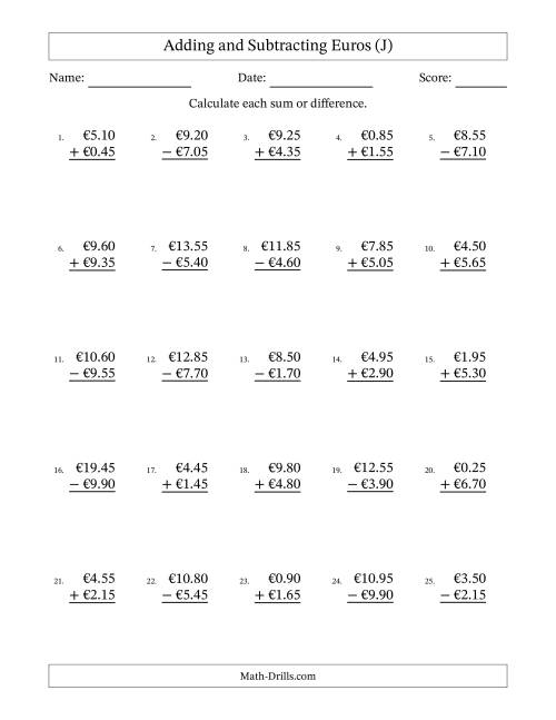 The Adding and Subtracting Euros With Amounts from 0.05 to 9.95 in Increments of Five Euro Cents (J) Math Worksheet