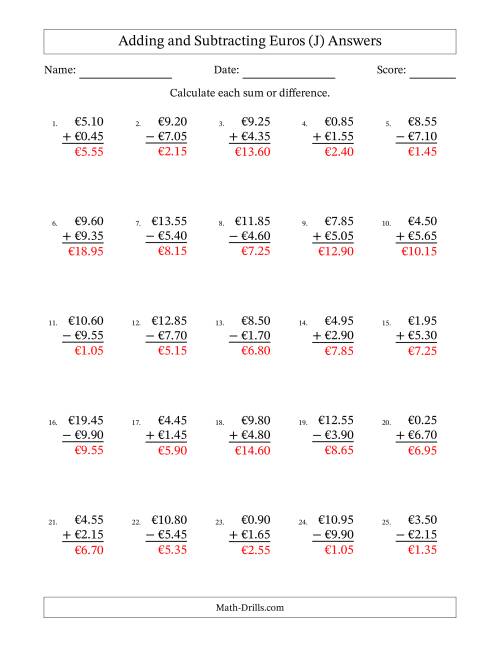 The Adding and Subtracting Euros With Amounts from 0.05 to 9.95 in Increments of Five Euro Cents (J) Math Worksheet Page 2