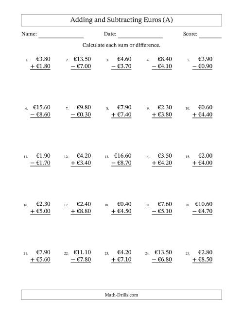 The Adding and Subtracting Euros With Amounts from 0.10 to 9.90 in Increments of Ten Euro Cents (A) Math Worksheet