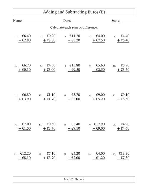 The Adding and Subtracting Euros With Amounts from 0.10 to 9.90 in Increments of Ten Euro Cents (B) Math Worksheet