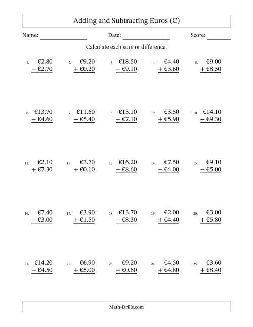 The Adding and Subtracting Euros With Amounts from 0.10 to 9.90 in Increments of Ten Euro Cents (C) Math Worksheet