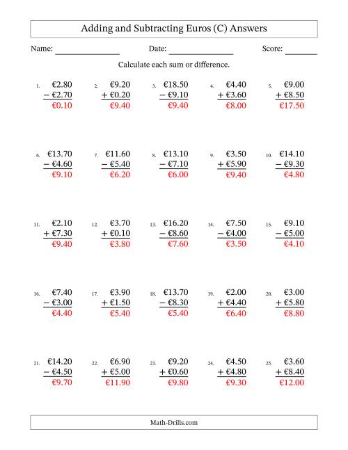 The Adding and Subtracting Euros With Amounts from 0.10 to 9.90 in Increments of Ten Euro Cents (C) Math Worksheet Page 2