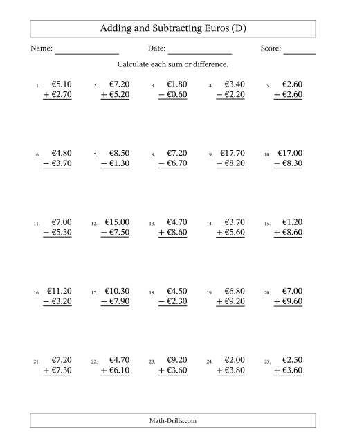 The Adding and Subtracting Euros With Amounts from 0.10 to 9.90 in Increments of Ten Euro Cents (D) Math Worksheet