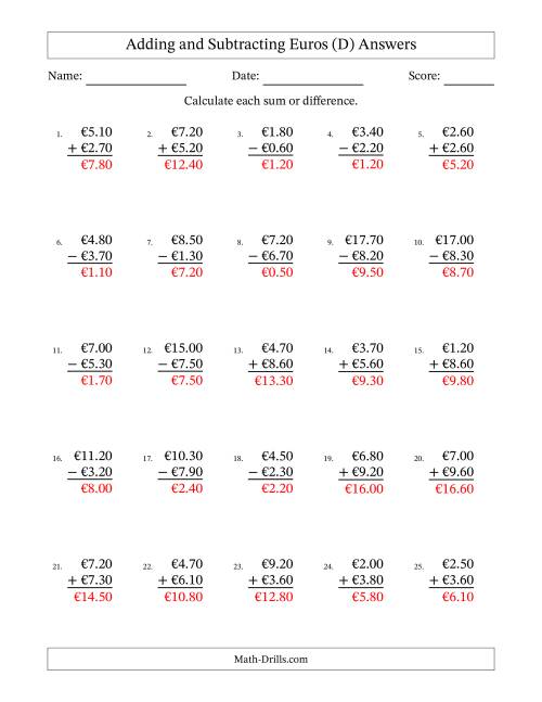 The Adding and Subtracting Euros With Amounts from 0.10 to 9.90 in Increments of Ten Euro Cents (D) Math Worksheet Page 2