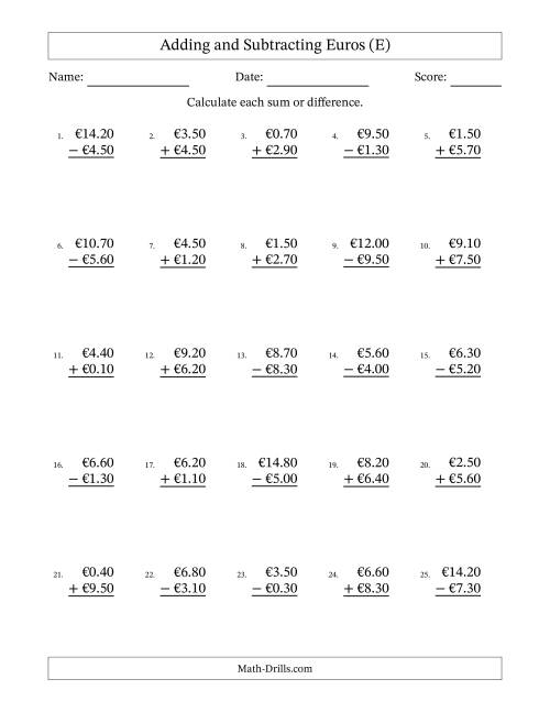 The Adding and Subtracting Euros With Amounts from 0.10 to 9.90 in Increments of Ten Euro Cents (E) Math Worksheet