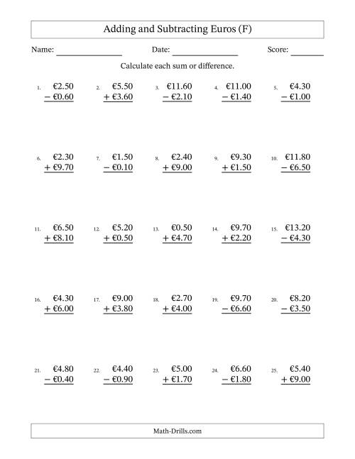 The Adding and Subtracting Euros With Amounts from 0.10 to 9.90 in Increments of Ten Euro Cents (F) Math Worksheet