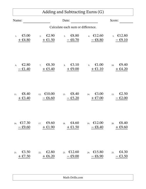 The Adding and Subtracting Euros With Amounts from 0.10 to 9.90 in Increments of Ten Euro Cents (G) Math Worksheet