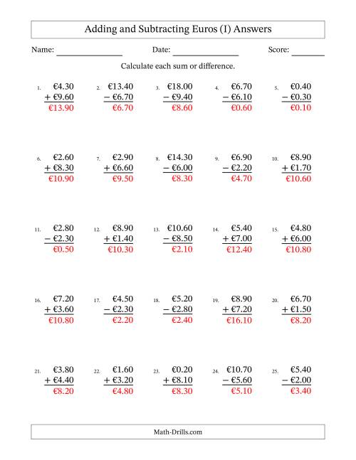 The Adding and Subtracting Euros With Amounts from 0.10 to 9.90 in Increments of Ten Euro Cents (I) Math Worksheet Page 2