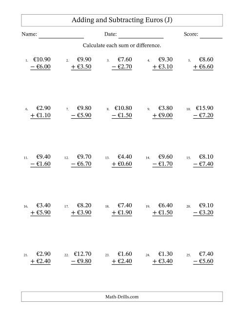 The Adding and Subtracting Euros With Amounts from 0.10 to 9.90 in Increments of Ten Euro Cents (J) Math Worksheet