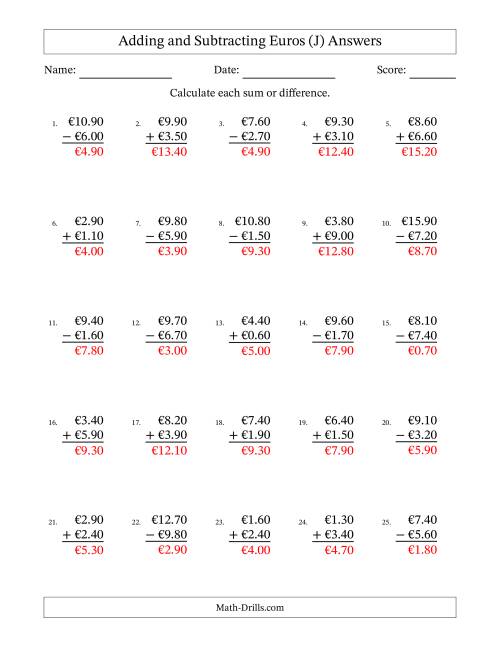 The Adding and Subtracting Euros With Amounts from 0.10 to 9.90 in Increments of Ten Euro Cents (J) Math Worksheet Page 2