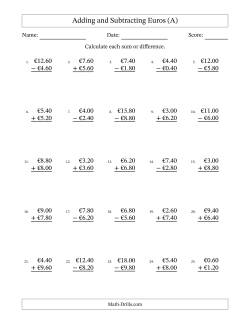 Adding and Subtracting Euros With Amounts from 0.20 to 9.80 in Increments of Twenty Euro Cents