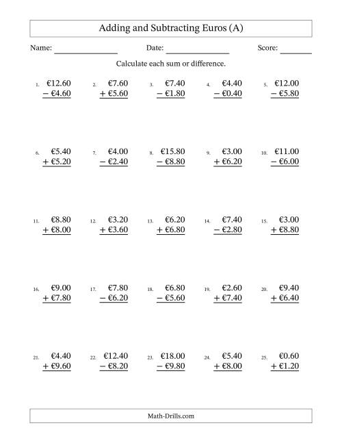 The Adding and Subtracting Euros With Amounts from 0.20 to 9.80 in Increments of Twenty Euro Cents (A) Math Worksheet