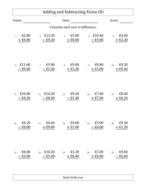 The Adding and Subtracting Euros With Amounts from 0.20 to 9.80 in Increments of Twenty Euro Cents (B) Math Worksheet