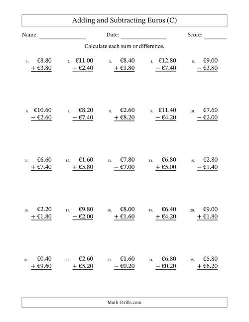 The Adding and Subtracting Euros With Amounts from 0.20 to 9.80 in Increments of Twenty Euro Cents (C) Math Worksheet