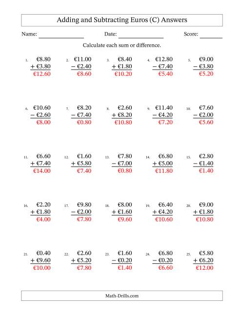 The Adding and Subtracting Euros With Amounts from 0.20 to 9.80 in Increments of Twenty Euro Cents (C) Math Worksheet Page 2