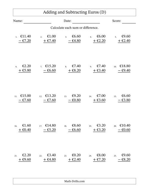 The Adding and Subtracting Euros With Amounts from 0.20 to 9.80 in Increments of Twenty Euro Cents (D) Math Worksheet