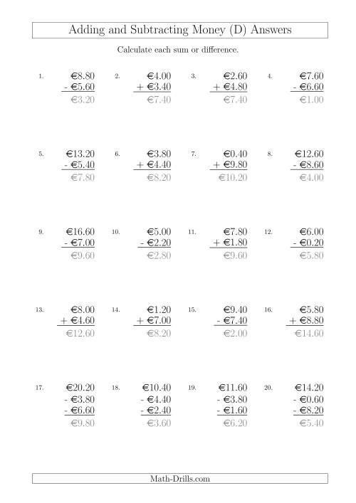 The Adding and Subtracting Euros with Amounts up to €10 in Increments of 20 Cents (D) Math Worksheet Page 2