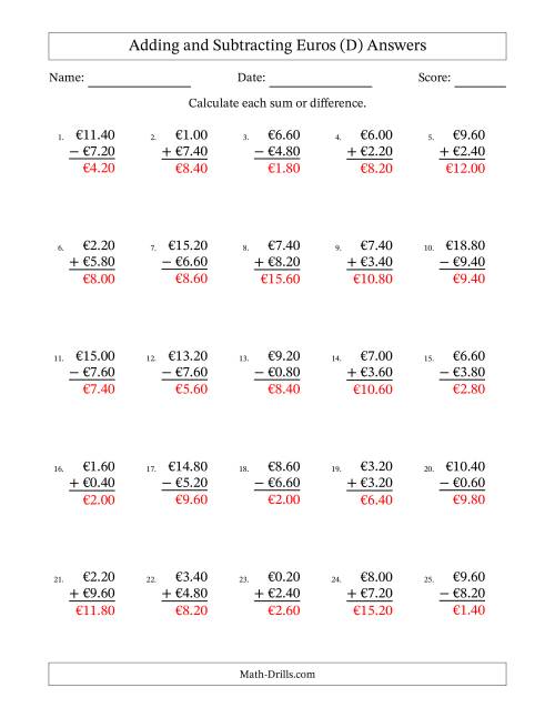 The Adding and Subtracting Euros With Amounts from 0.20 to 9.80 in Increments of Twenty Euro Cents (D) Math Worksheet Page 2