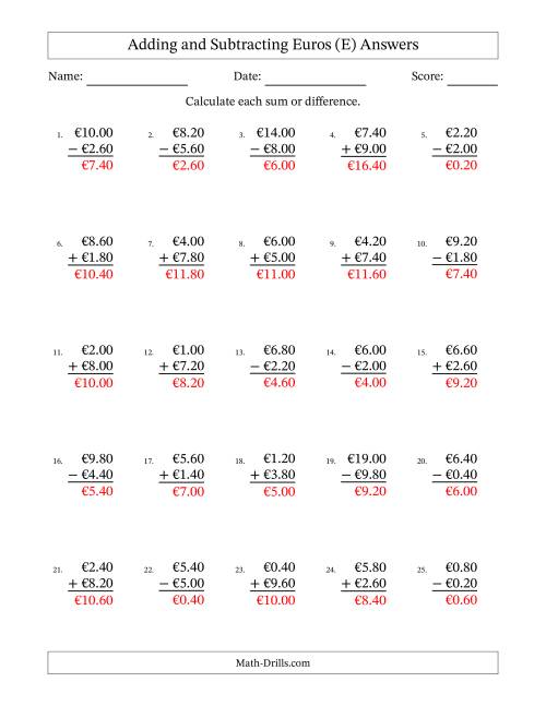 The Adding and Subtracting Euros With Amounts from 0.20 to 9.80 in Increments of Twenty Euro Cents (E) Math Worksheet Page 2