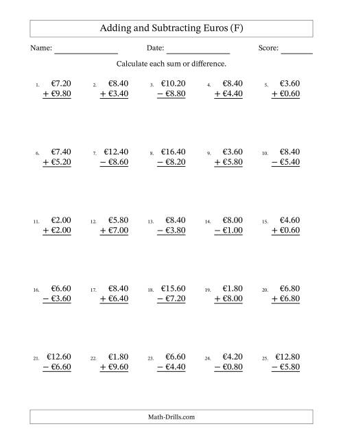 The Adding and Subtracting Euros With Amounts from 0.20 to 9.80 in Increments of Twenty Euro Cents (F) Math Worksheet