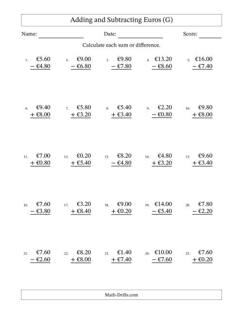 The Adding and Subtracting Euros With Amounts from 0.20 to 9.80 in Increments of Twenty Euro Cents (G) Math Worksheet