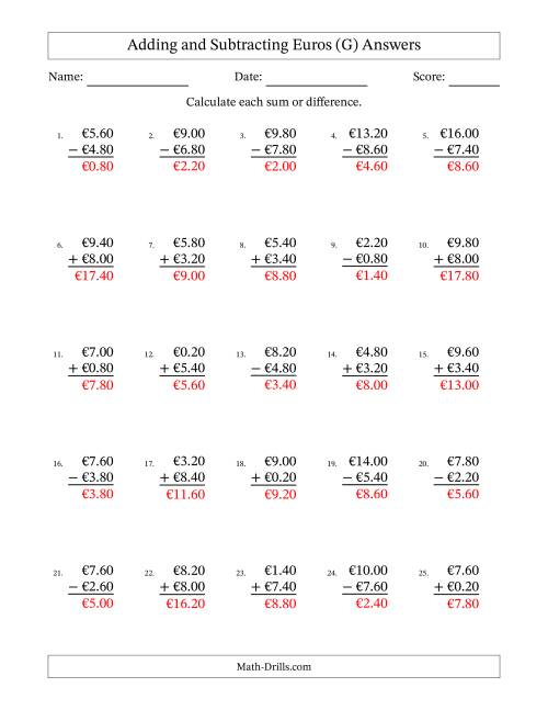 The Adding and Subtracting Euros With Amounts from 0.20 to 9.80 in Increments of Twenty Euro Cents (G) Math Worksheet Page 2