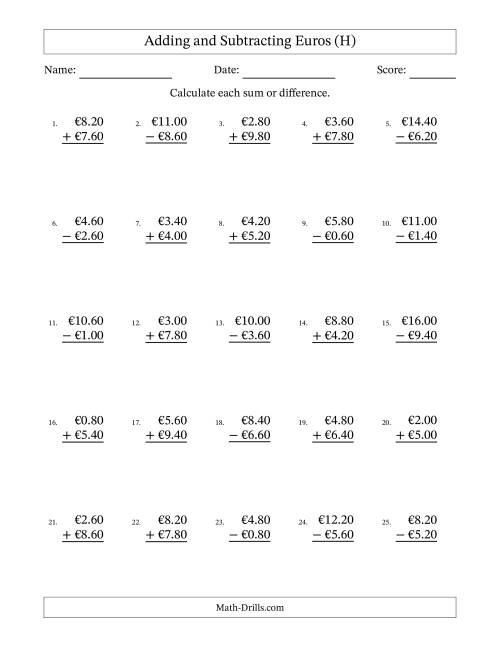 The Adding and Subtracting Euros With Amounts from 0.20 to 9.80 in Increments of Twenty Euro Cents (H) Math Worksheet