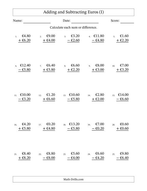 The Adding and Subtracting Euros With Amounts from 0.20 to 9.80 in Increments of Twenty Euro Cents (I) Math Worksheet