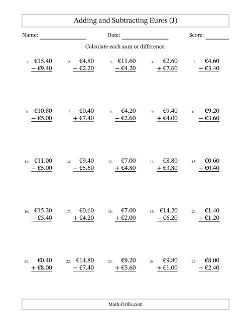 The Adding and Subtracting Euros With Amounts from 0.20 to 9.80 in Increments of Twenty Euro Cents (J) Math Worksheet