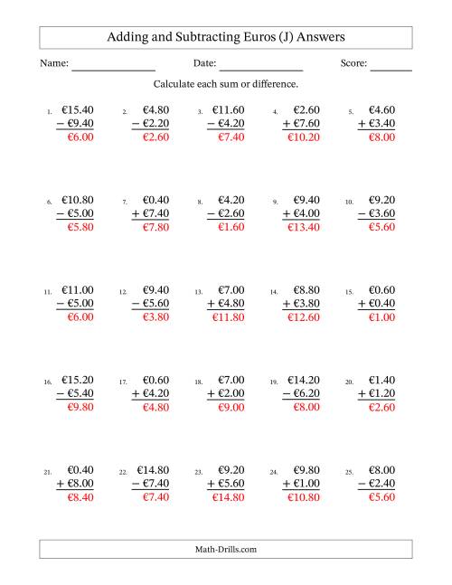 The Adding and Subtracting Euros With Amounts from 0.20 to 9.80 in Increments of Twenty Euro Cents (J) Math Worksheet Page 2