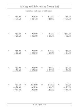 Adding and Subtracting Euros with Amounts up to €10 in Increments of 50 Cents