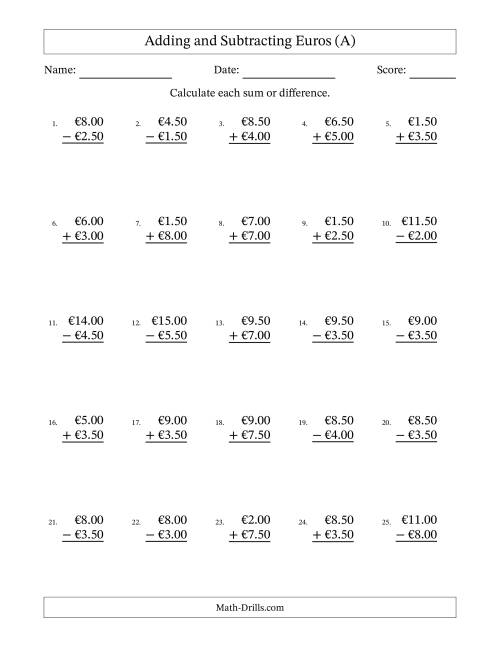 The Adding and Subtracting Euros With Amounts from 0.50 to 9.50 in Increments of Fifty Euro Cents (A) Math Worksheet