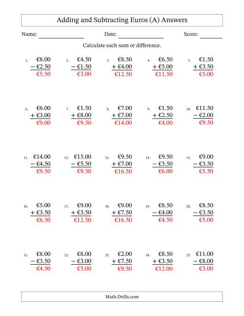 The Adding and Subtracting Euros With Amounts from 0.50 to 9.50 in Increments of Fifty Euro Cents (A) Math Worksheet Page 2