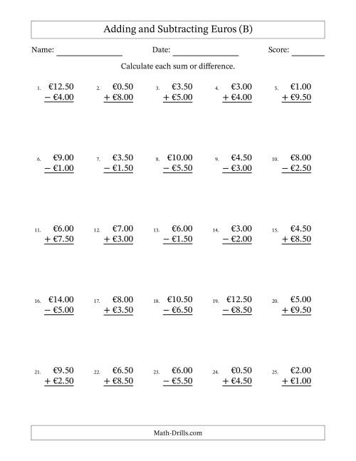 The Adding and Subtracting Euros With Amounts from 0.50 to 9.50 in Increments of Fifty Euro Cents (B) Math Worksheet