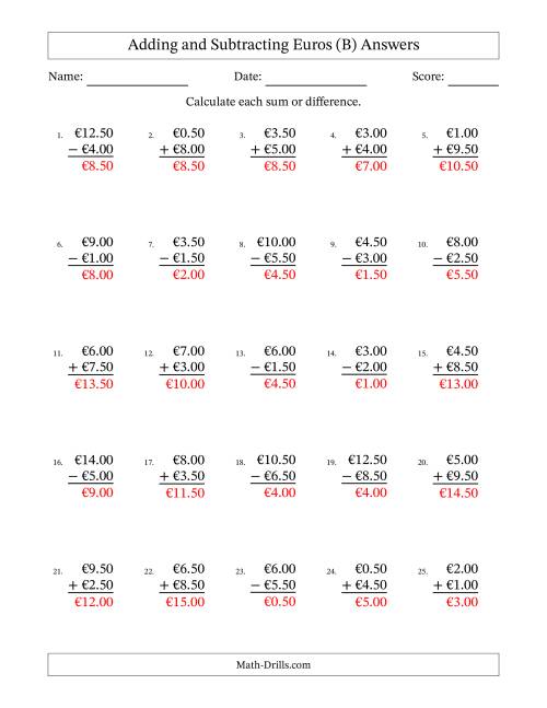 The Adding and Subtracting Euros With Amounts from 0.50 to 9.50 in Increments of Fifty Euro Cents (B) Math Worksheet Page 2