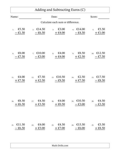 The Adding and Subtracting Euros With Amounts from 0.50 to 9.50 in Increments of Fifty Euro Cents (C) Math Worksheet