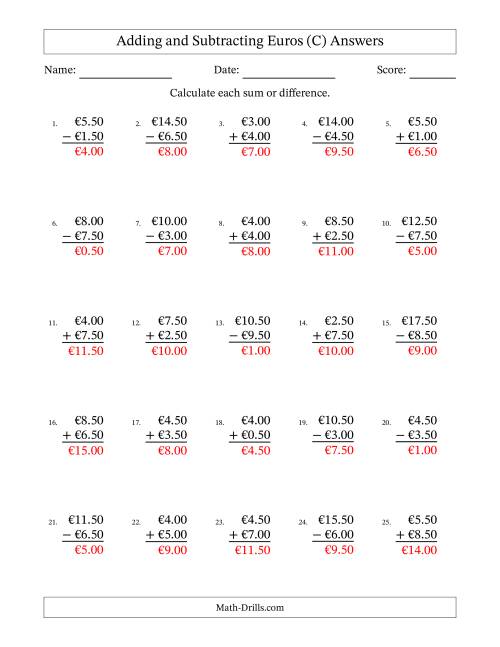 The Adding and Subtracting Euros With Amounts from 0.50 to 9.50 in Increments of Fifty Euro Cents (C) Math Worksheet Page 2