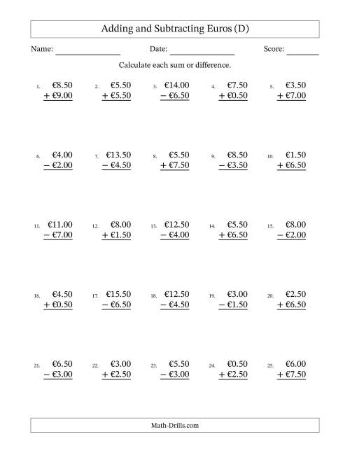 The Adding and Subtracting Euros With Amounts from 0.50 to 9.50 in Increments of Fifty Euro Cents (D) Math Worksheet