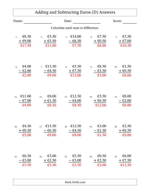 The Adding and Subtracting Euros With Amounts from 0.50 to 9.50 in Increments of Fifty Euro Cents (D) Math Worksheet Page 2