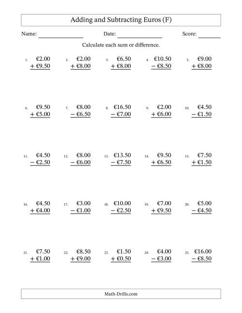 The Adding and Subtracting Euros With Amounts from 0.50 to 9.50 in Increments of Fifty Euro Cents (F) Math Worksheet