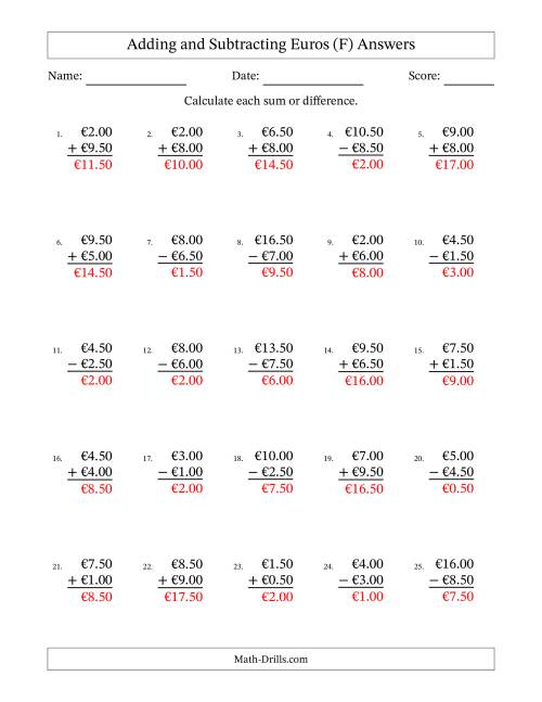 The Adding and Subtracting Euros With Amounts from 0.50 to 9.50 in Increments of Fifty Euro Cents (F) Math Worksheet Page 2