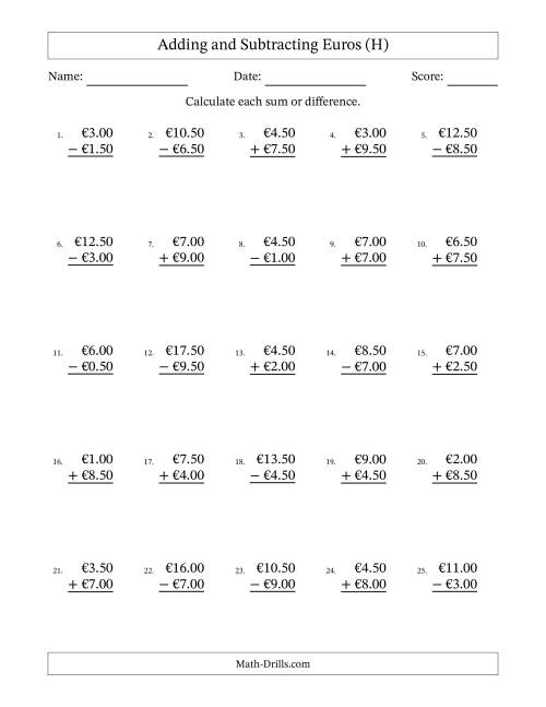 The Adding and Subtracting Euros With Amounts from 0.50 to 9.50 in Increments of Fifty Euro Cents (H) Math Worksheet