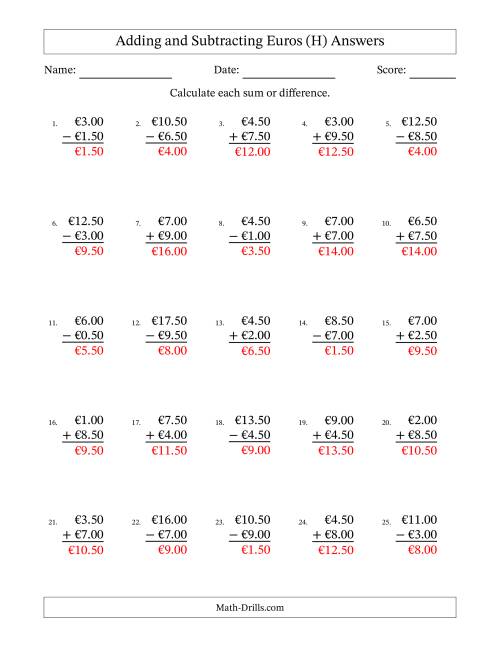 The Adding and Subtracting Euros With Amounts from 0.50 to 9.50 in Increments of Fifty Euro Cents (H) Math Worksheet Page 2