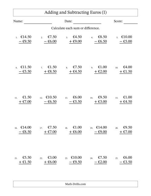 The Adding and Subtracting Euros With Amounts from 0.50 to 9.50 in Increments of Fifty Euro Cents (I) Math Worksheet