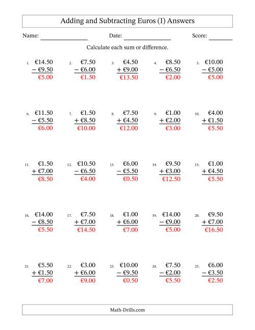 The Adding and Subtracting Euros With Amounts from 0.50 to 9.50 in Increments of Fifty Euro Cents (I) Math Worksheet Page 2