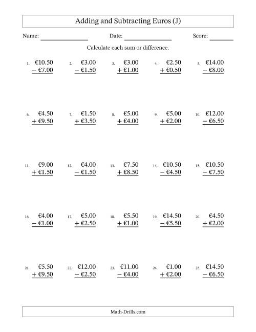 The Adding and Subtracting Euros With Amounts from 0.50 to 9.50 in Increments of Fifty Euro Cents (J) Math Worksheet