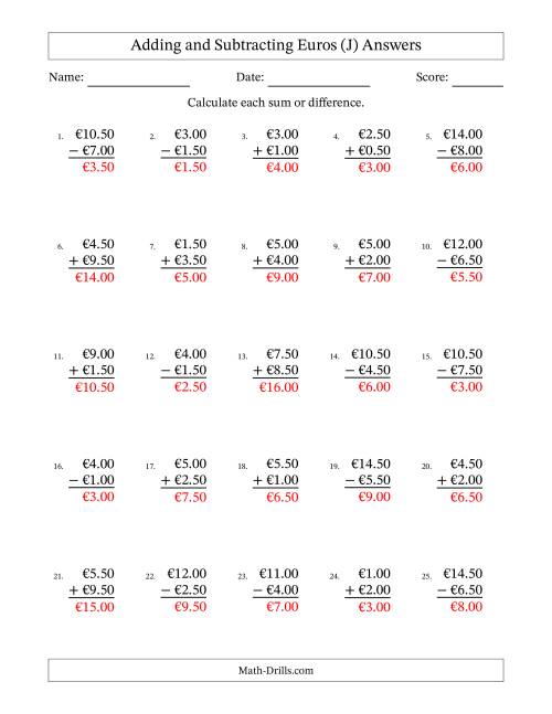 The Adding and Subtracting Euros With Amounts from 0.50 to 9.50 in Increments of Fifty Euro Cents (J) Math Worksheet Page 2