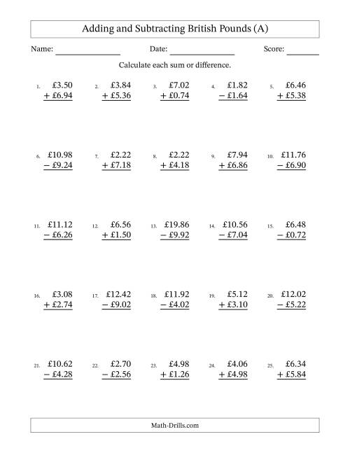 The Adding and Subtracting British Pounds With Amounts from 0.02 to 9.98 in Increments of Two Pence (A) Math Worksheet