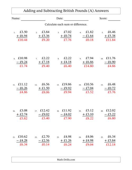 The Adding and Subtracting British Pounds With Amounts from 0.02 to 9.98 in Increments of Two Pence (A) Math Worksheet Page 2