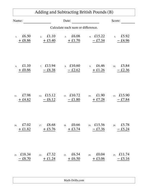 The Adding and Subtracting British Pounds With Amounts from 0.02 to 9.98 in Increments of Two Pence (B) Math Worksheet